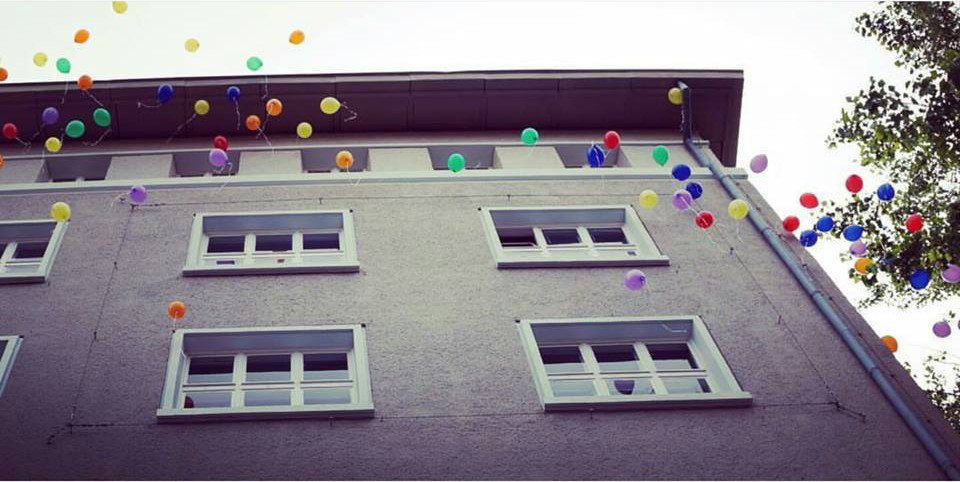 building with balloons